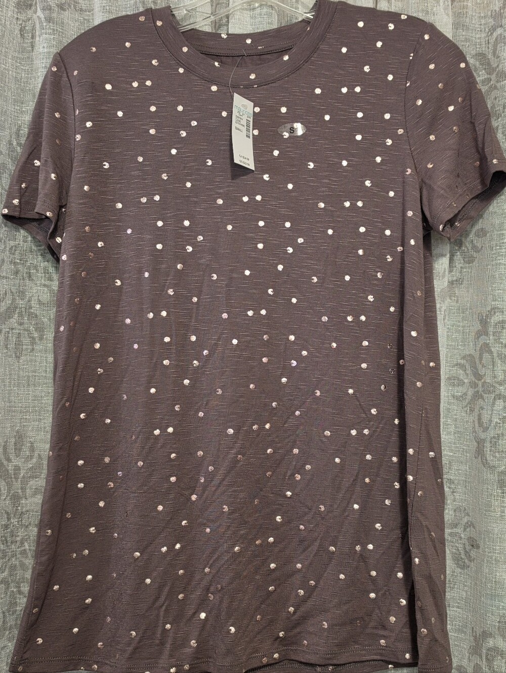 Maurices 24/7 Kennedy Metallic Foil Polka Dot Crew Neck Tee Mauve Purple Sz Smal